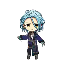 a boy with blue hair is sitting next to a fountain