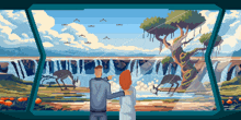 a pixel art illustration of a man and woman looking out a window