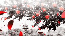a black and white photo of a tree with red flowers and petals