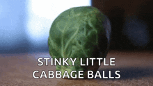 a stinky little cabbage ball is sitting on a table
