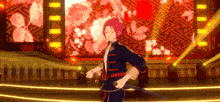 a man with red hair is holding a sword in front of a large screen