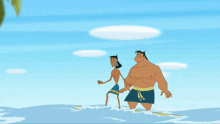 two cartoon characters standing on a small island with palm trees in the background