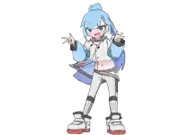 a cartoon character with blue hair and white pants