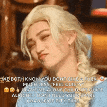 a woman with blonde hair is making a funny face while wearing a wig and a braid .