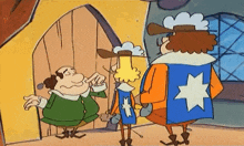a group of cartoon characters standing next to each other with one wearing a blue vest with a star on it