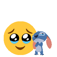 a sad stitch is standing next to a yellow smiley face with the word ohana above it