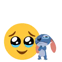 a sad stitch is standing next to a yellow smiley face with the word ohana above it