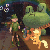 a frog with the letter u on its face is standing next to a pony playing a guitar