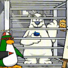 a polar bear and two penguins are in a cage behind bars