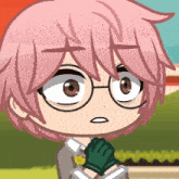 a cartoon character with pink hair and glasses looks angry