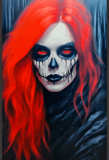 a painting of a woman with red hair and a skull face paint