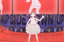a girl in a white dress is standing in front of a sign that says " no side down up "