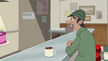 a cartoon of a man sitting at a counter with a cup of coffee and a birthday cake in the background