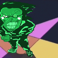 a cartoon drawing of a green monster with a circle around his eye