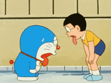 doraemon and nobita are standing next to each other with doraemon sticking his tongue out