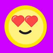 a yellow and purple smiley face with two hearts in its eyes