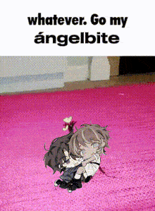 a girl is laying on a pink rug with the words " whatever go my angelbite "