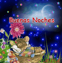 a mouse sleeping in a basket with the words " buenas noches " above it