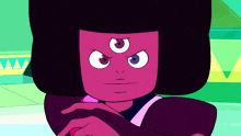 a cartoon character with three eyes and a pink head