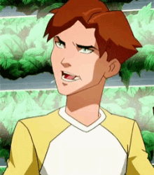 a cartoon character with red hair and green eyes is wearing a yellow and white shirt
