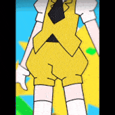 a cartoon character is wearing a yellow vest and shorts