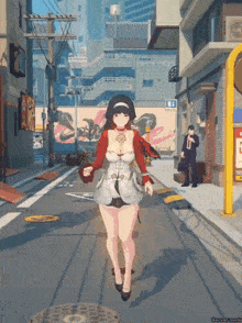 a woman walking down a street with a sign that says 6