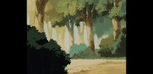a painting of a forest with trees and bushes on a black background