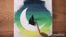 a painting of a crescent moon with trees on it is made in animatica