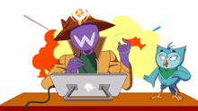 a cartoon drawing of a man and an owl with a w on their faces