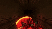 a cartoon character is holding a microphone and wearing a hat with blood on it .