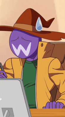 a cartoon character wearing a witch hat with a w on it