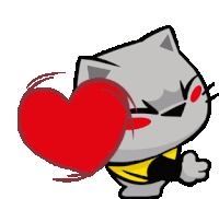 a cartoon cat with a red heart in its mouth