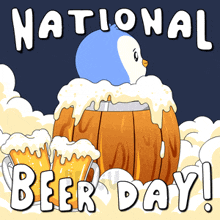 a poster for national beer day with a penguin on top of a barrel