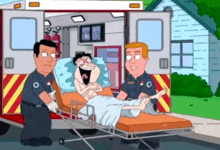 a cartoon of a man in an ambulance being pushed by two paramedics