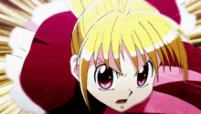 a close up of a cartoon character with blonde hair and red eyes