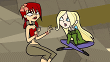 two cartoon girls are sitting next to each other