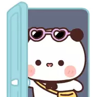 a cartoon panda bear wearing heart shaped sunglasses is peeking out of a blue door .