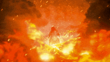 a painting of a person in a fire filled room