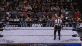a wrestler in a ring with a aew advertisement on the side
