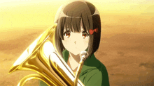a girl with short hair is holding a trumpet in her hand