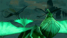 a green dragon with green wings is looking at the camera with other dragons in the background