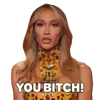 a woman in a yellow dress says you bitch on a white background