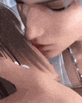 a close up of a woman 's face with a necklace around her neck