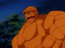 a close up of a cartoon character with a beard standing in front of trees .