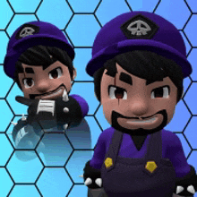 a cartoon character with a purple hat and overalls
