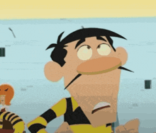 a cartoon character with a mustache is smiling and looking up