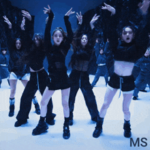 a group of women are dancing in front of a blue background that says ms on it