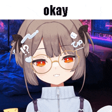 a girl wearing glasses and a sweater with the word okay above her head
