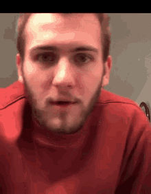 a man with a beard is wearing a red sweater and looking at the camera .
