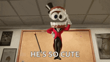 a cartoon character is wearing a top hat and holding a cane in front of a bulletin board .